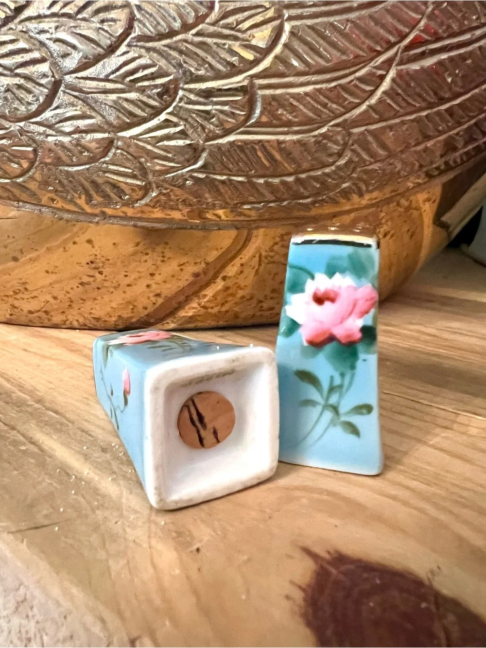 Vintage Salt & Pepper Shakers: Hand-Painted Flowers, Gilding, Blue w/ Pink Rose